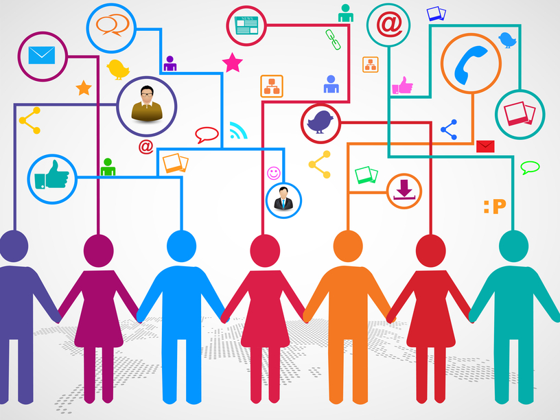 People holding hands under cloud with social media communication icons with arrows going up and down on blue background. Vector file available.